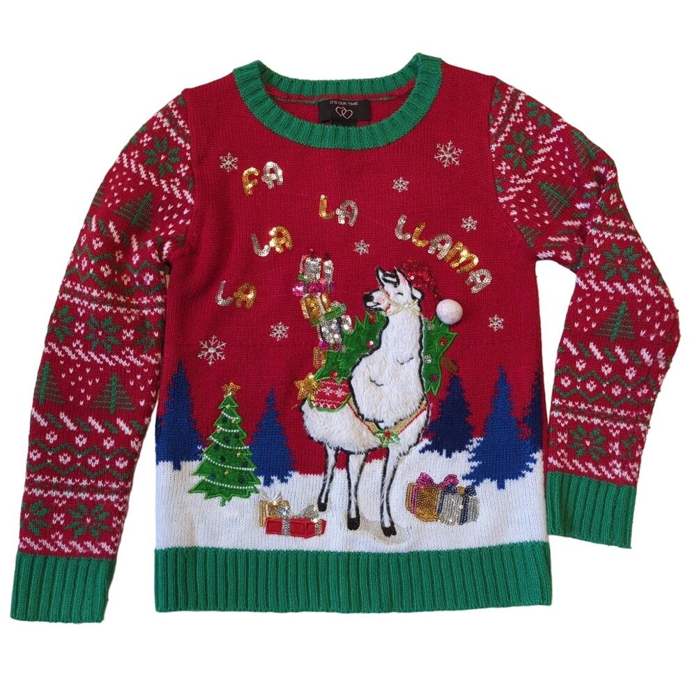 Llama Trees & Presents Holiday Sequin Sweater Girls Size S (7/8) It's Our Time